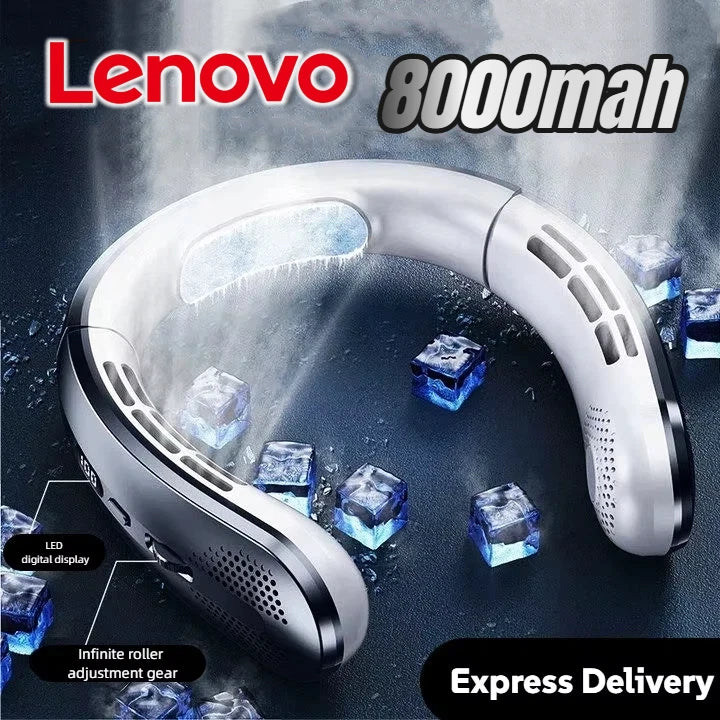 Lenovo 8000mAh Hanging Neck Fan Portable Bladeless USB Rechargeable Mute LED Digital Display Electric Air Cooler USB Handheld